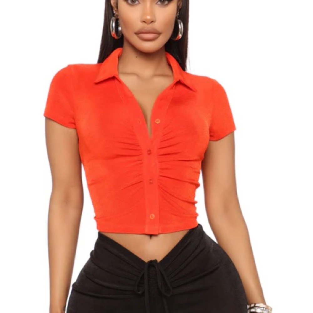 PrettyLittleThing Vibrant Orange Ruched Button-Down Shirt